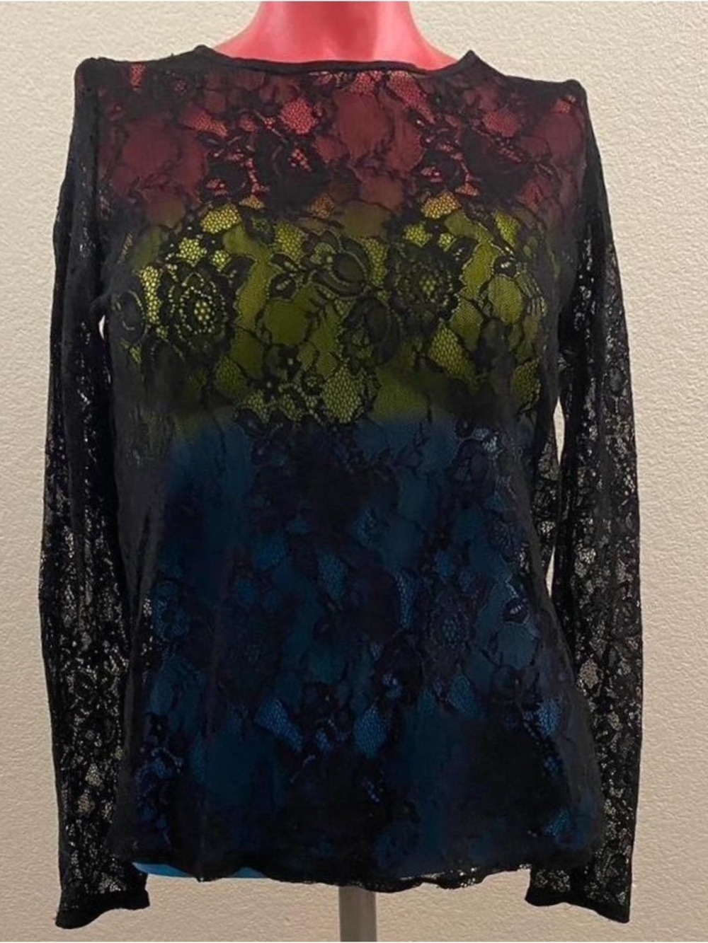 Black Lace Overlay Long-Sleeve Top